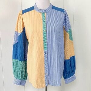 Sundance Blue & White Striped Blouse Block Puff Sleeve Seersucker Shirt size XL